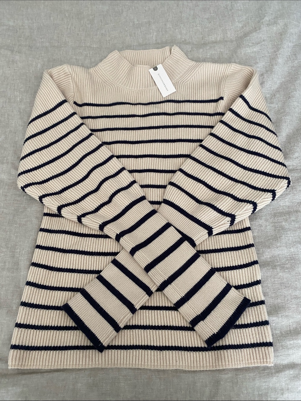 Anthropologie (Lea & Viola) Cream and Navy Striped Mock Neck Sweater, NWT